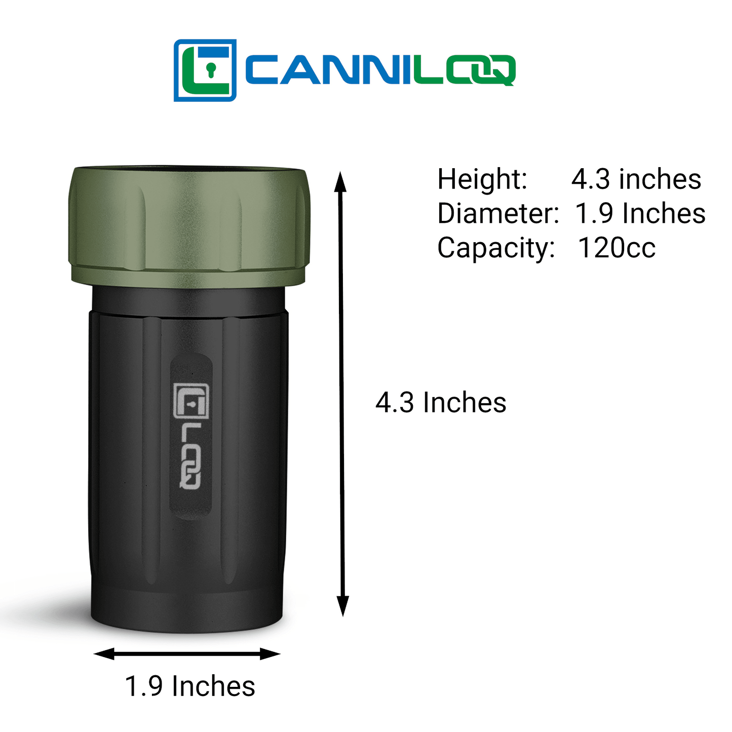 Canniloq TXD120BG Premium Herb Storage Canister, 120 CC, Zytel, Black Body, Green Cap - Corloq