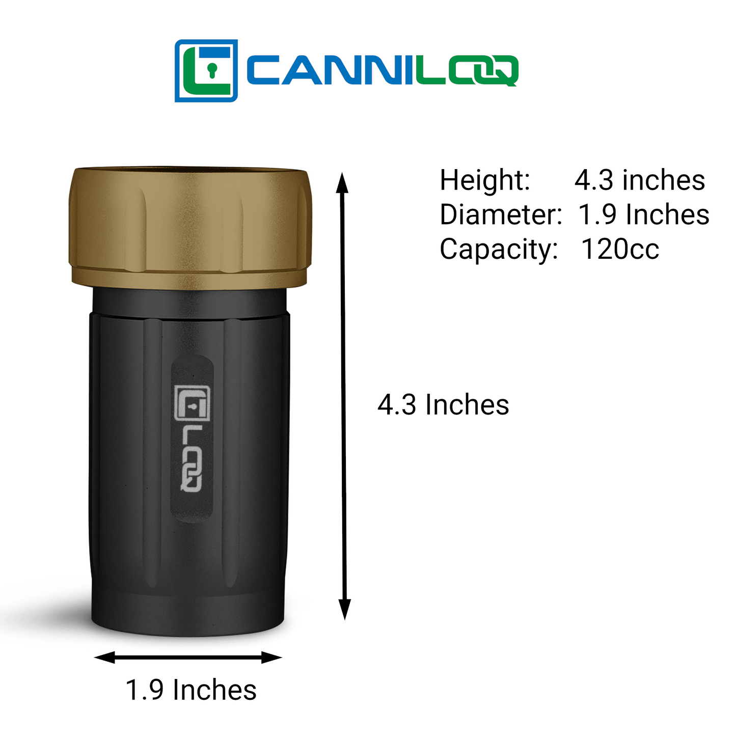 Canniloq TXD120BT Premium Herb Storage Canister, 120 CC, Zytel, Black Body, Tan Cap - Corloq