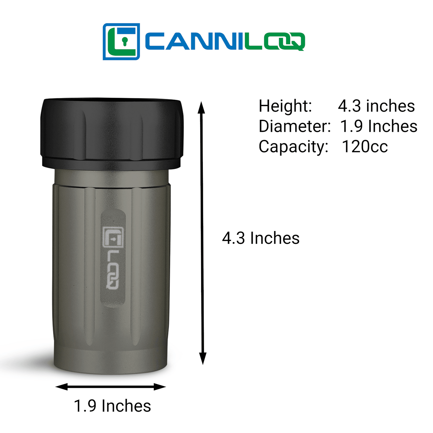 Canniloq TXD120GB Premium Herb Storage Canister, 120 CC, Zytel, Gray Body, Black Cap - Corloq