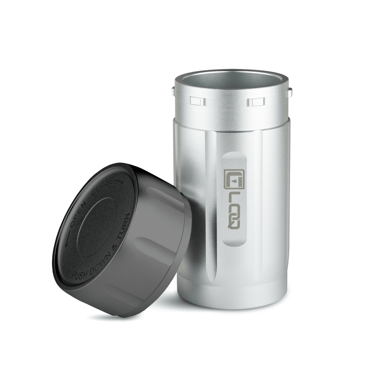 T120S Premium Herb Storage Canister, 120 CC, Aluminum Silver Body, Aluminum Black Cap - Factory Second - Corloq
