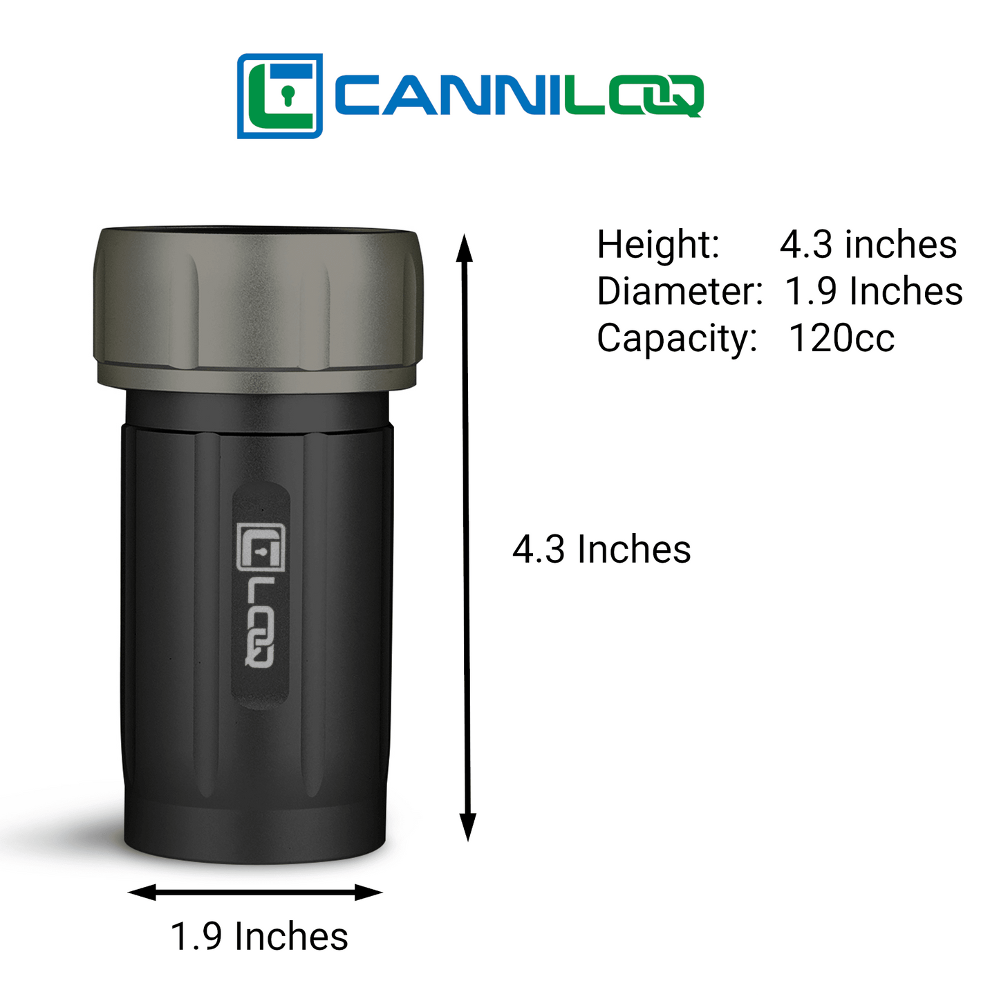 Canniloq TXD120BG Premium Herb Storage Canister, 120 CC, Zytel, Black Body, Gray Cap - Corloq