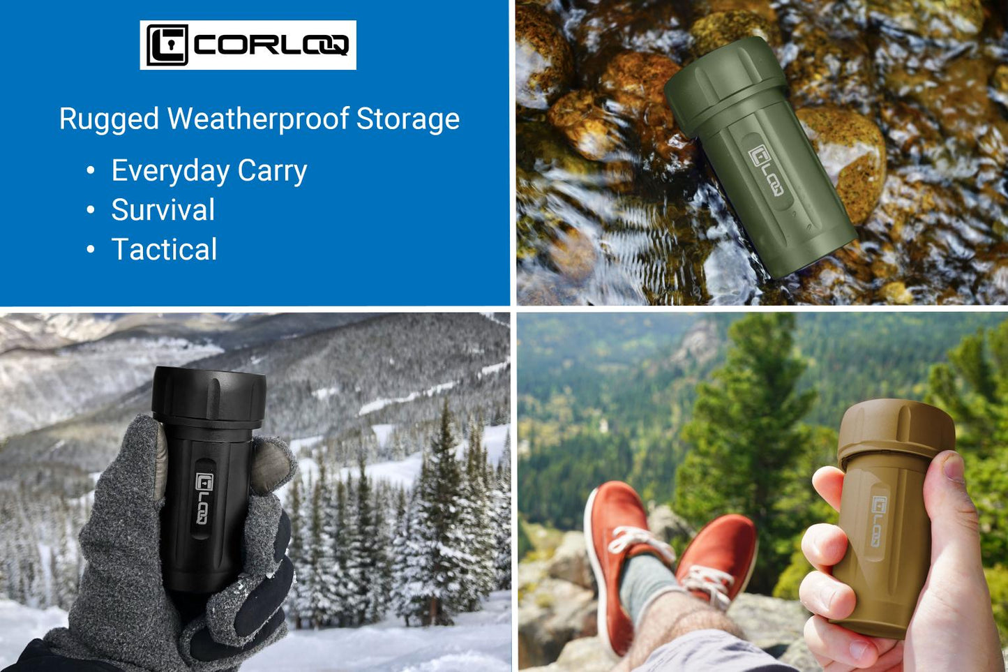 Corloq EDC120 Rugged Waterproof EDC Survival Tactical Storage Container Zytel Tan Body Green Cap - Corloq