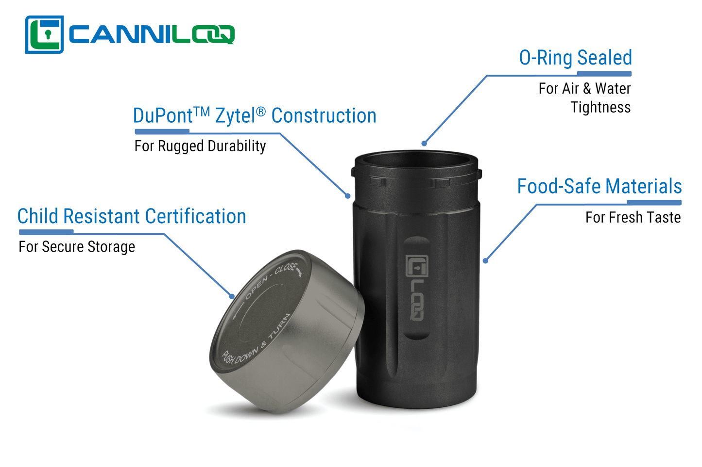 Canniloq TXD120BG Premium Herb Storage Canister, 120 CC, Zytel, Black Body, Gray Cap - Corloq