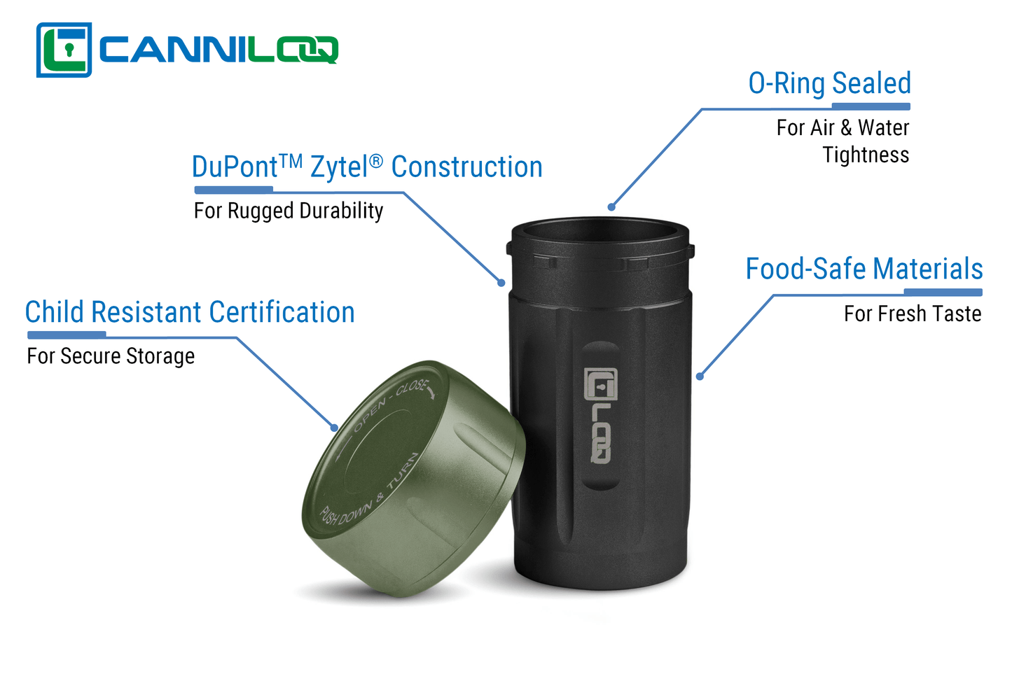 Canniloq TXD120GN Premium Herb Storage Canister, 120 CC, Zytel, Green Body, Green Cap - Corloq