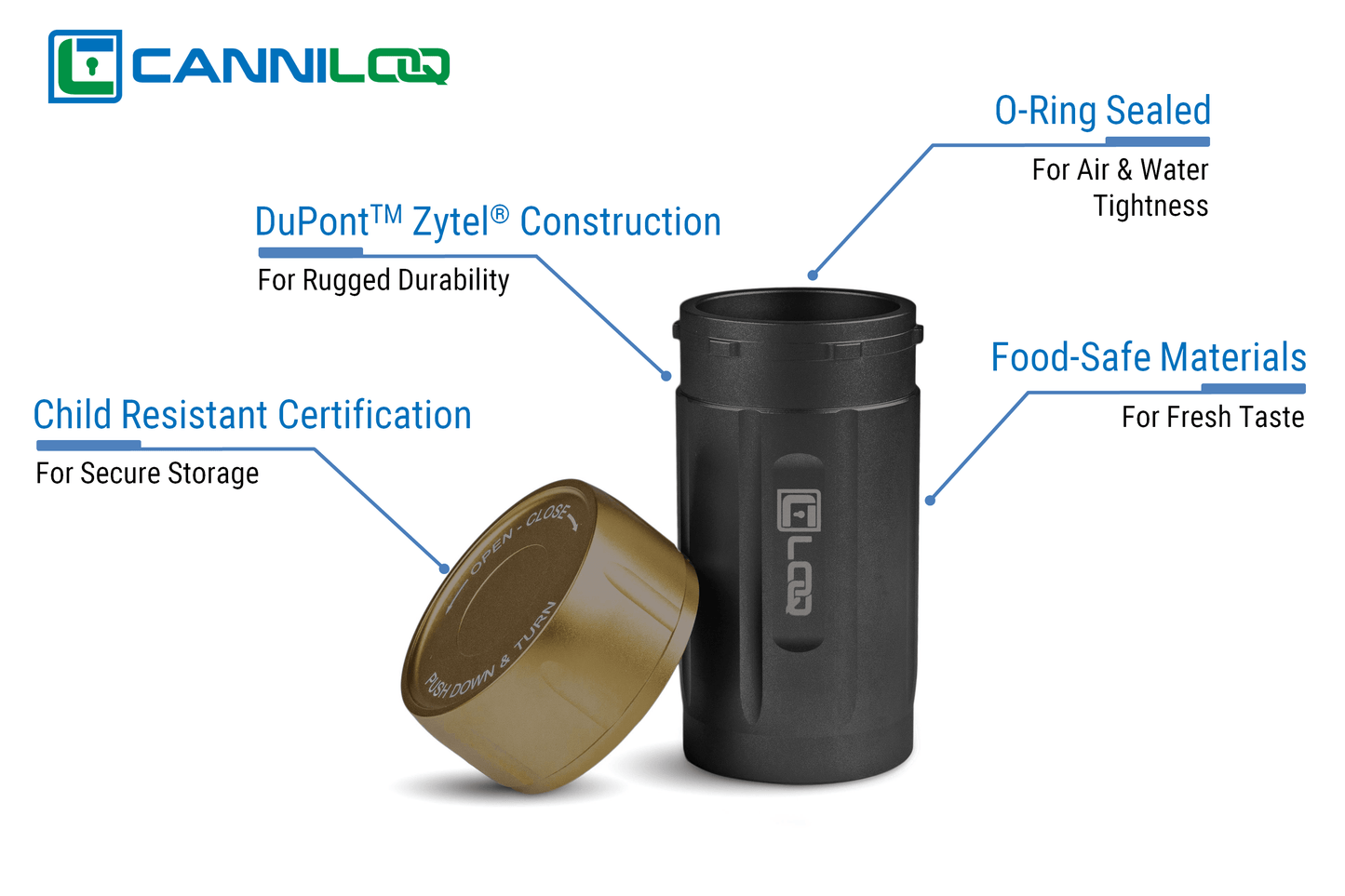Canniloq TXD120BT Premium Herb Storage Canister, 120 CC, Zytel, Black Body, Tan Cap - Corloq