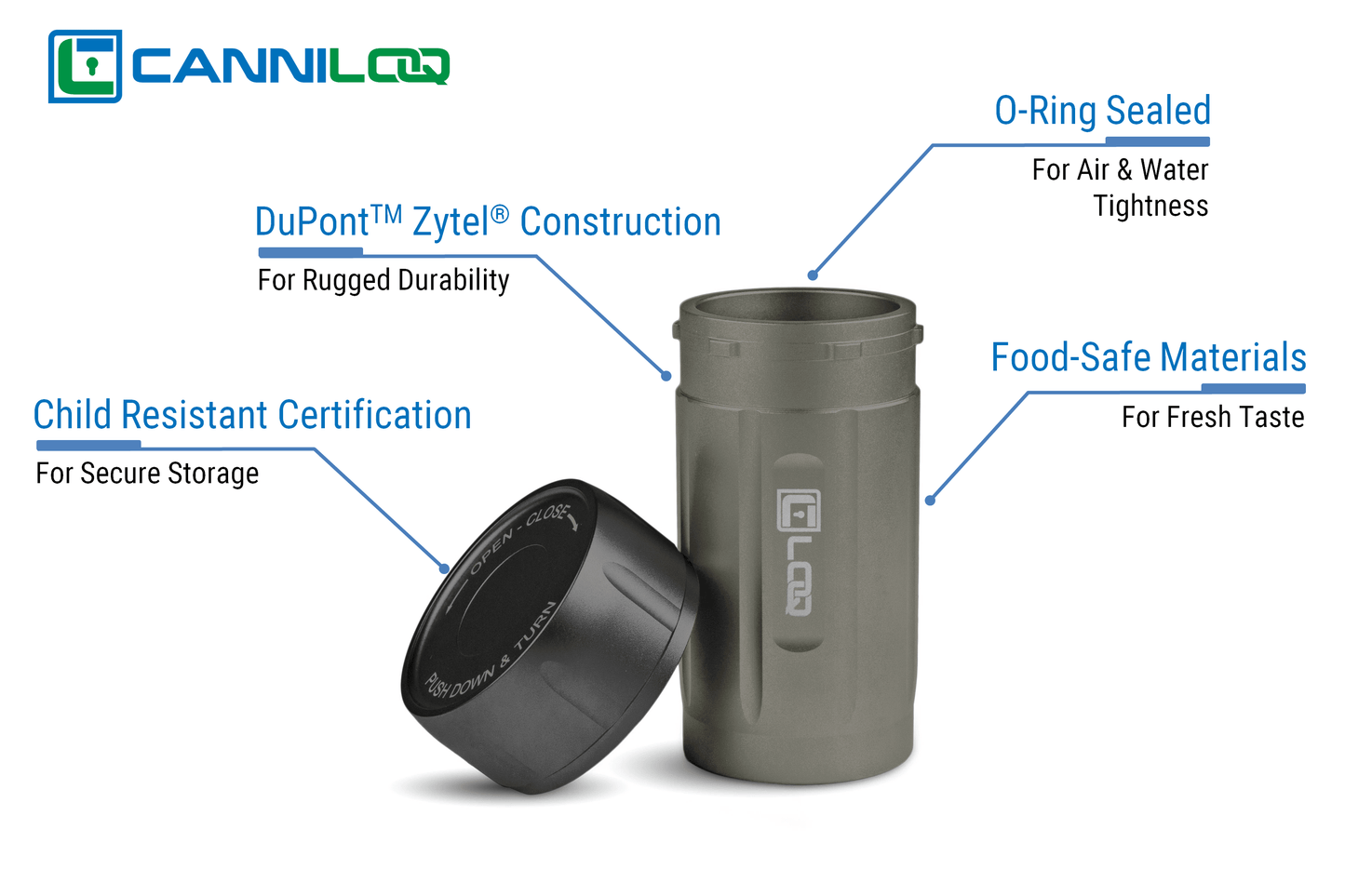 Canniloq TXD120GB Premium Herb Storage Canister, 120 CC, Zytel, Gray Body, Black Cap - Corloq