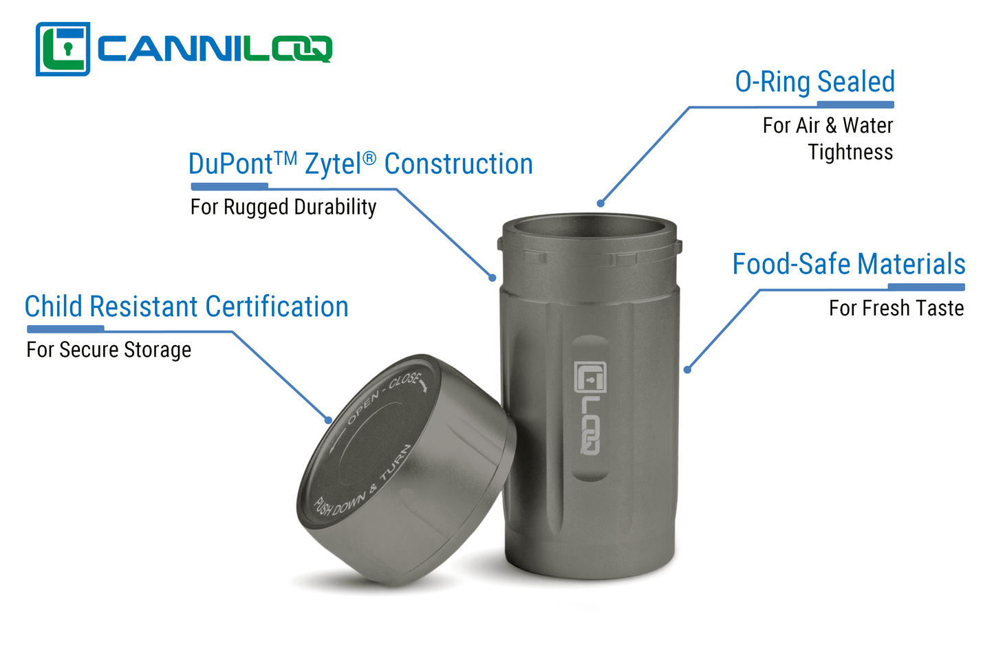 Canniloq TXD120GT Premium Herb Storage Canister, 120 CC, Zytel, Gray Body, Tan Cap - Corloq
