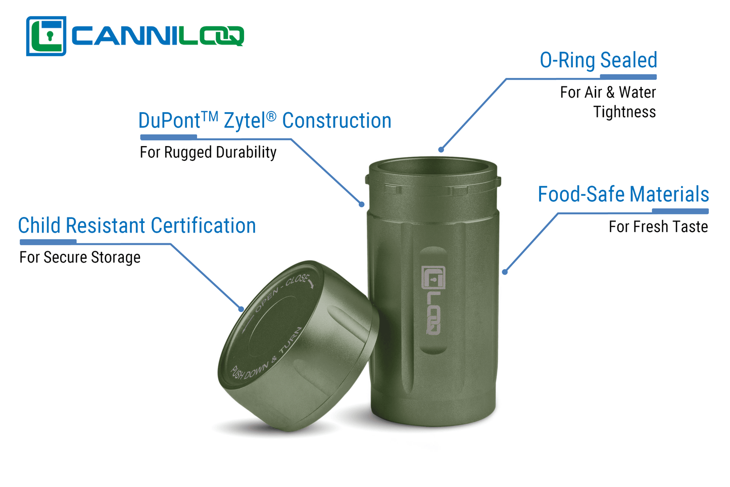 Canniloq TXD120GN Premium Herb Storage Canister, 120 CC, Zytel, Green Body, Green Cap - Corloq