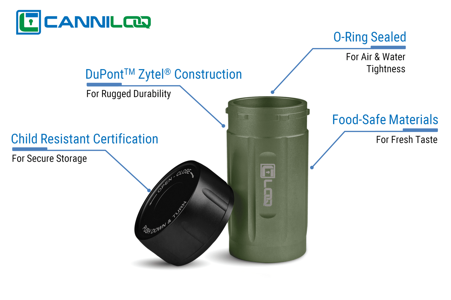 Canniloq TXD120GNB Premium Herb Storage Canister, 120 CC, Zytel, Green Body, Black Cap - Corloq