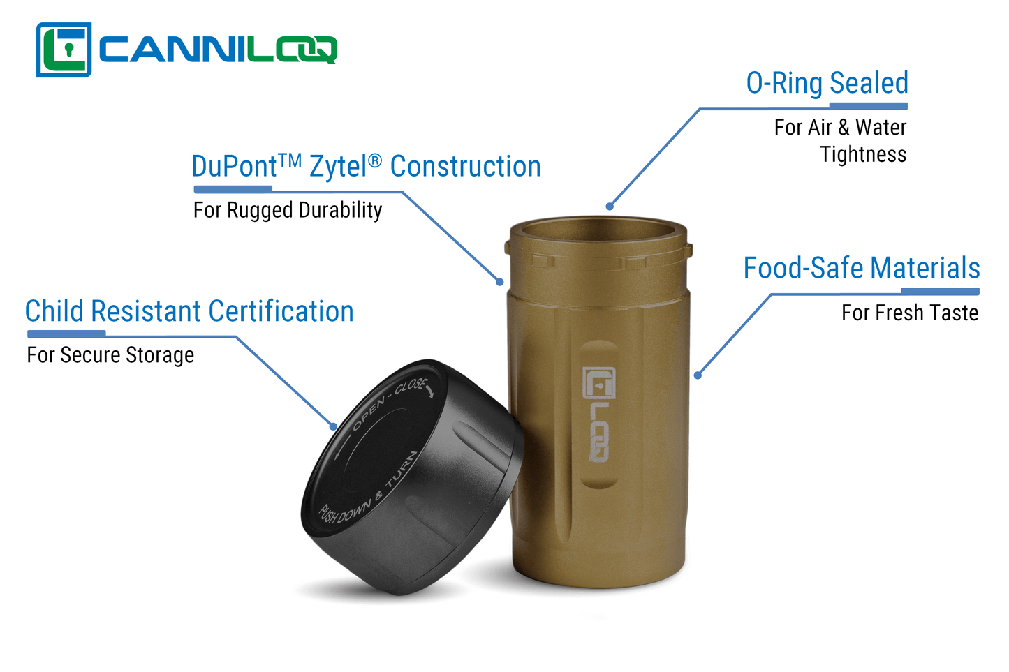 Canniloq TXD120TB Premium Herb Storage Canister, 120 CC, Zytel, Tan Body, Black Cap - Corloq