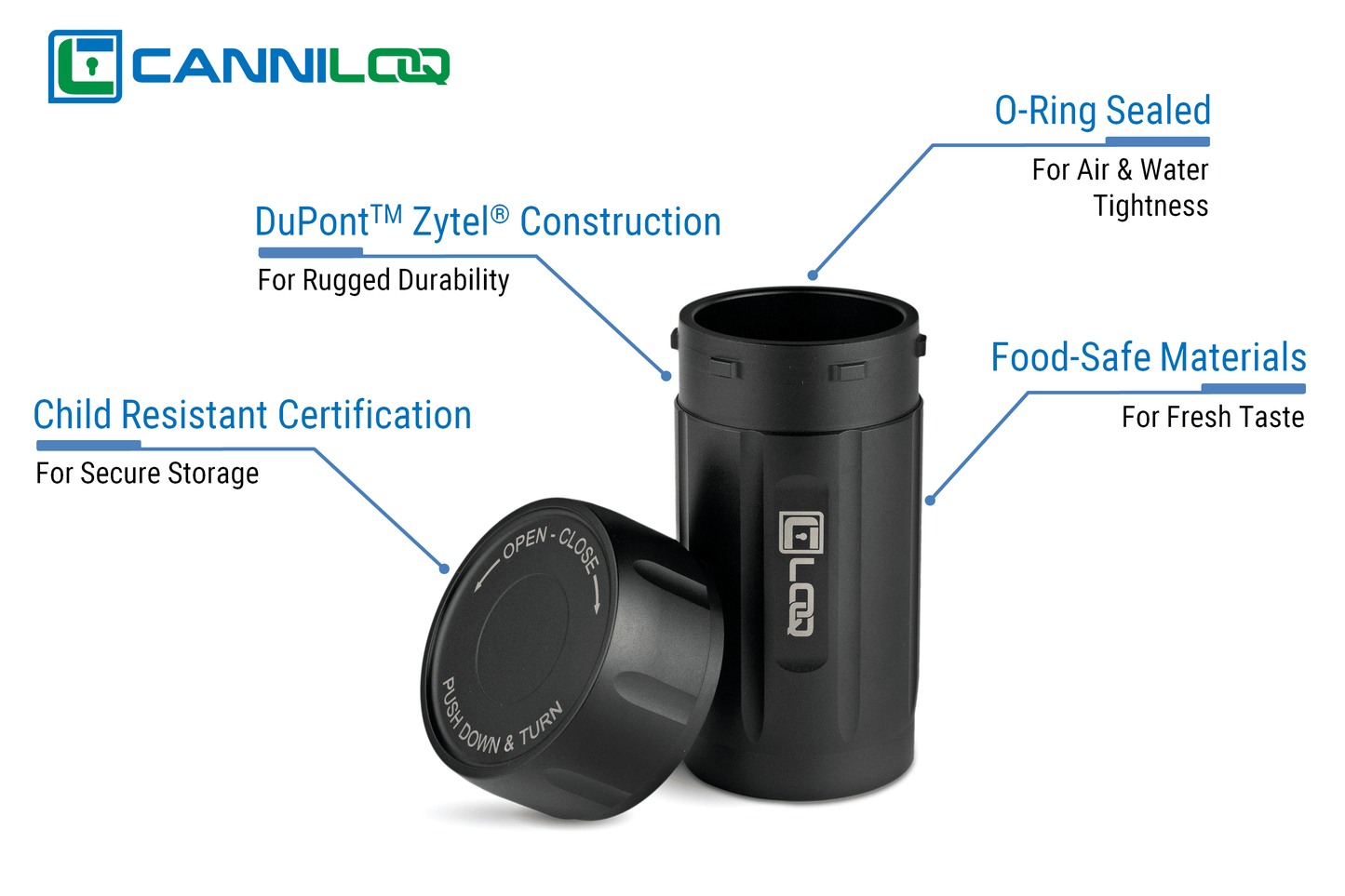 Canniloq TXD120B Premium Herb Storage Canister, 120 CC, Zytel, Black Body, Black Cap - Corloq