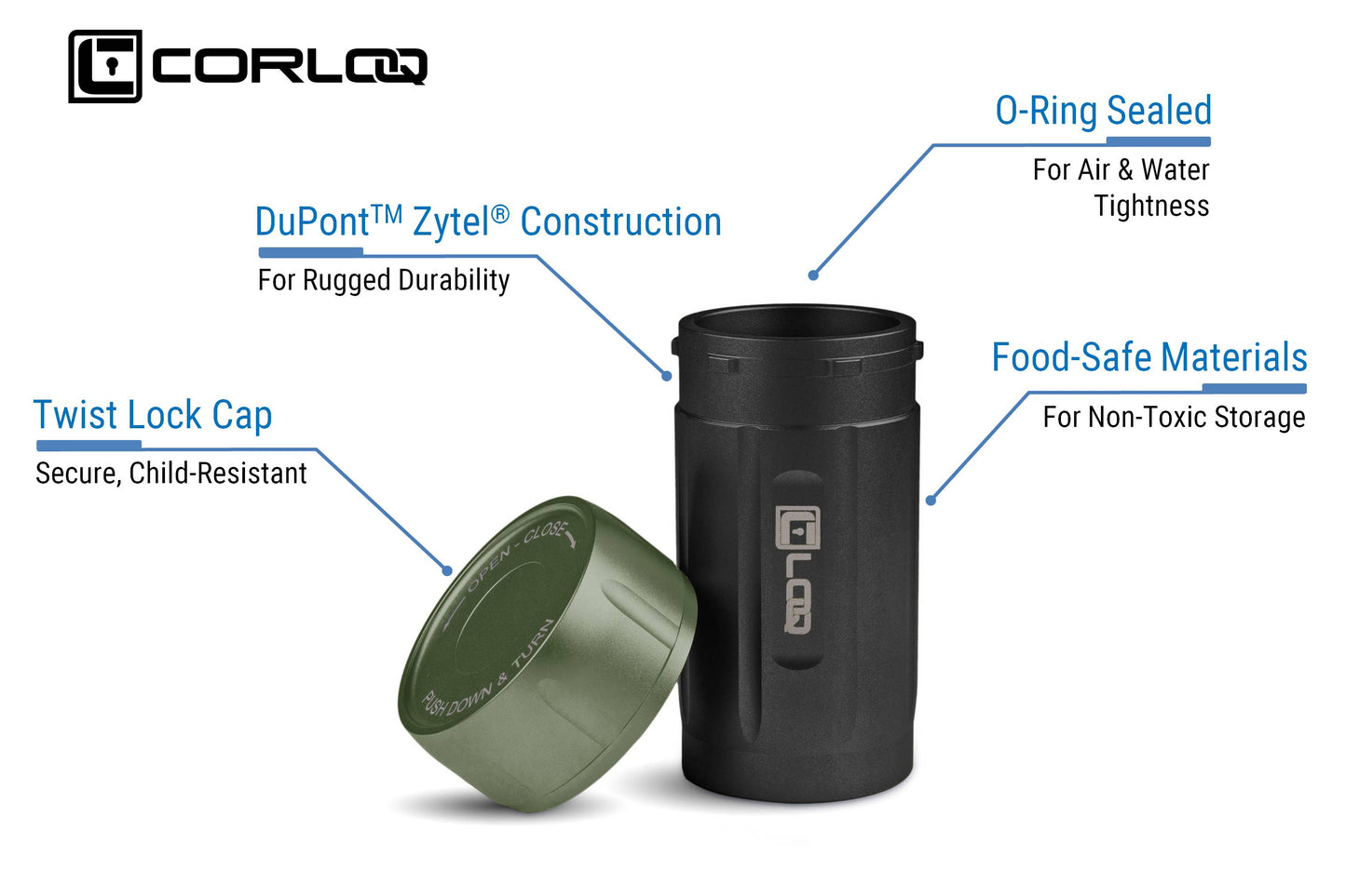 Corloq EDC120 Rugged Waterproof EDC Survival Tactical Storage Container Zytel Black Body Green Cap - Corloq