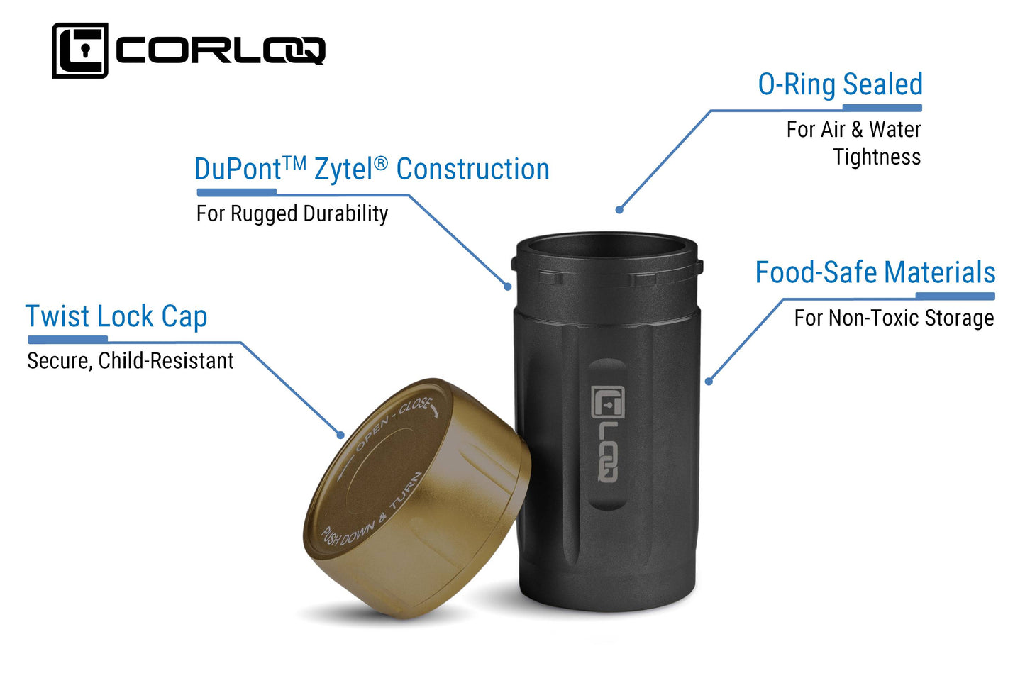 Corloq EDC120 Rugged Waterproof EDC Survival Tactical Storage Container Zytel Black Body Tan Cap - Corloq