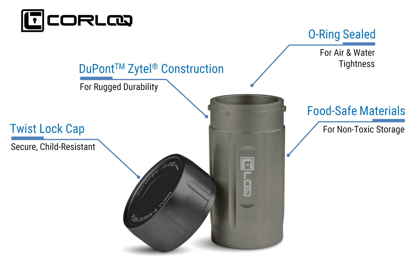 Corloq EDC120 Rugged Waterproof EDC Survival Tactical Storage Container Zytel Gray Body Black Cap - Corloq