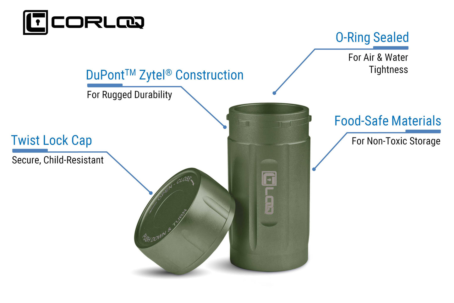 Corloq EDC120 Rugged Waterproof EDC Survival Tactical Storage Container Zytel Green Body Green Cap - Corloq