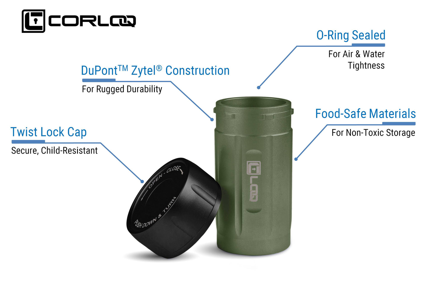 Corloq EDC120 Rugged Waterproof EDC Survival Tactical Storage Container Zytel Green Body Black Cap - Corloq