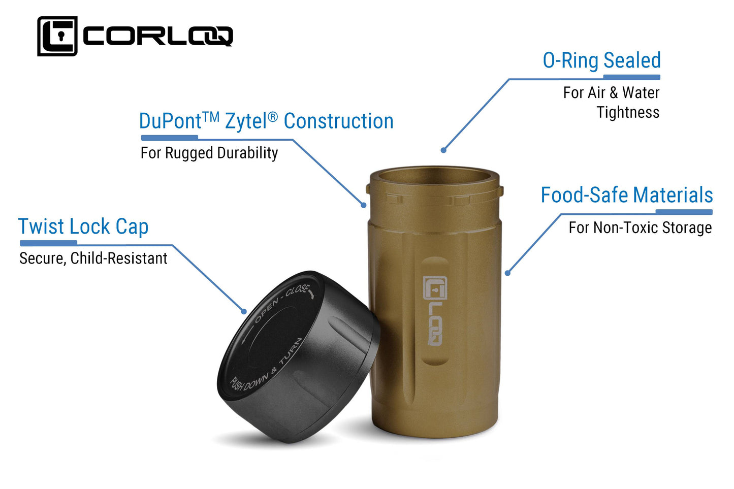 Corloq EDC120 Rugged Waterproof EDC Survival Tactical Storage Container Zytel Tan Body Black Cap - Corloq