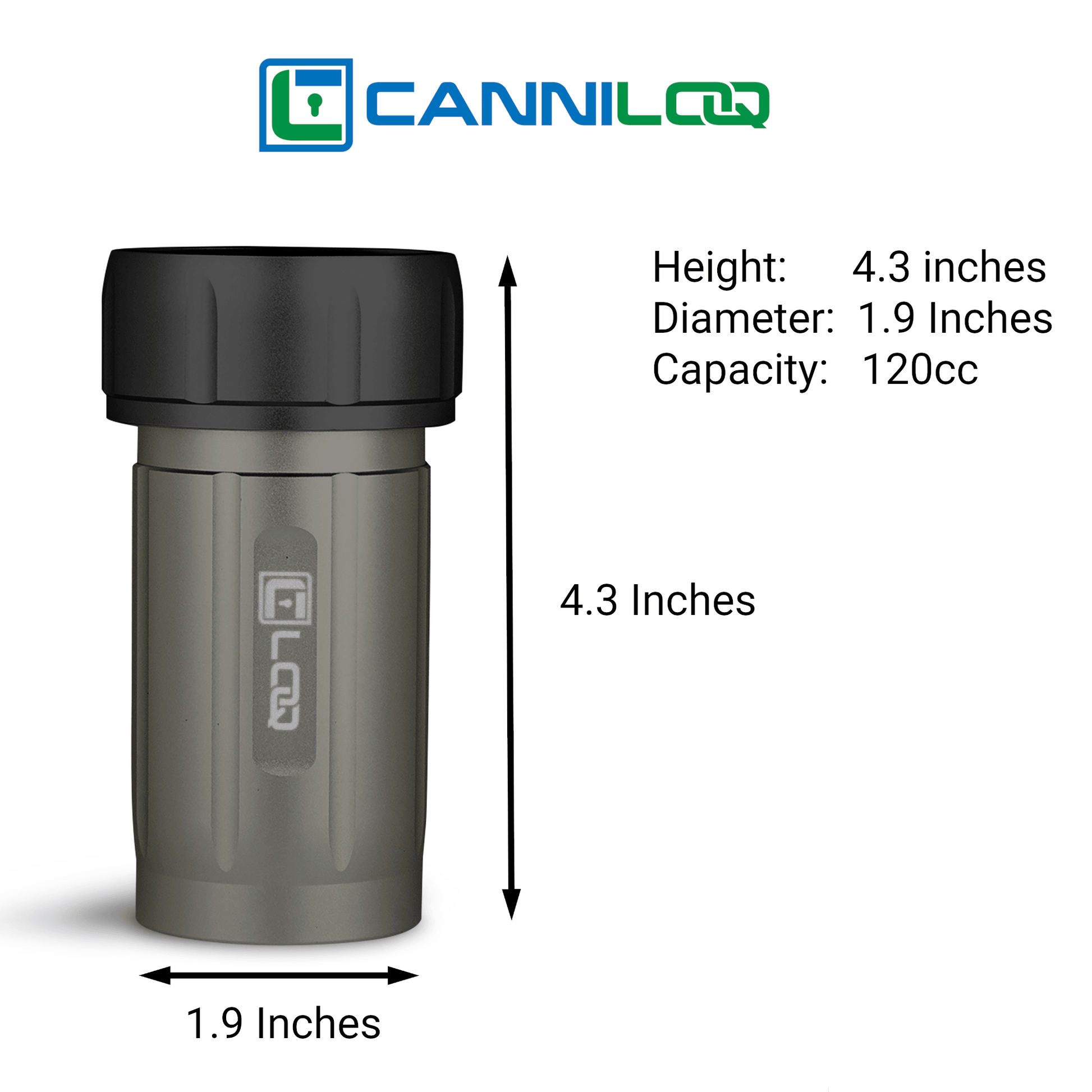 Canniloq TXD120GB Premium Herb Storage Canister, 120 CC, Zytel, Gray Body, Black Cap - Corloq