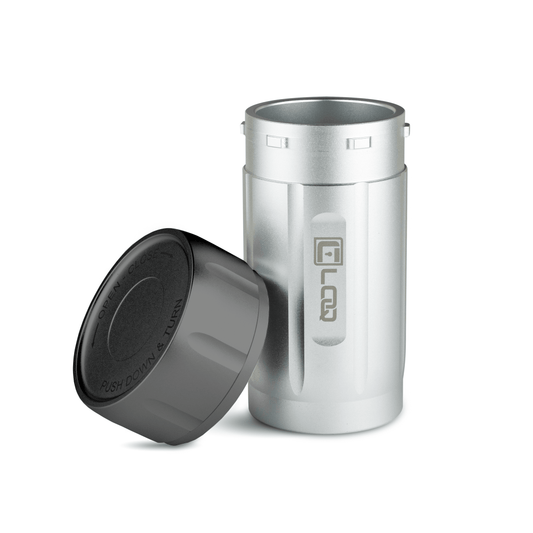 T120S Premium Herb Storage Canister, 120 CC, Aluminum Silver Body, Aluminum Black Cap - Factory Second - Corloq