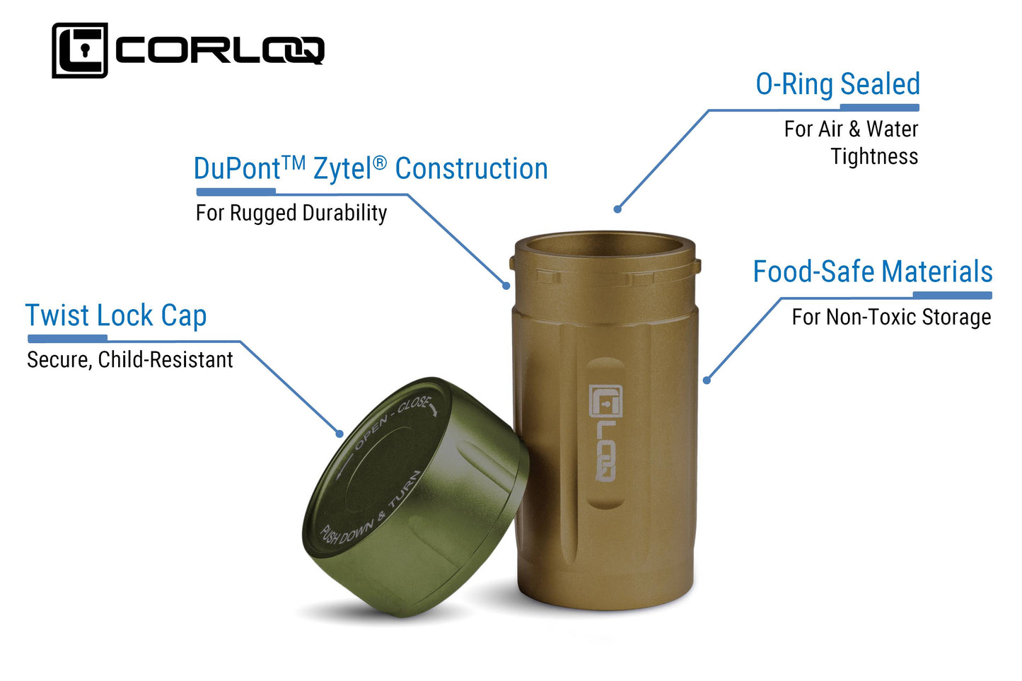 Corloq EDC120 Rugged Waterproof EDC Survival Tactical Storage Container Zytel Tan Body Green Cap - Corloq