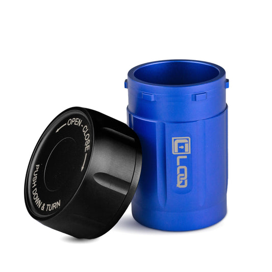 T80BL Premium Herb Storage Canister, 80 CC, Aluminum Blue Body, Aluminum Black Cap - Factory Second - Corloq