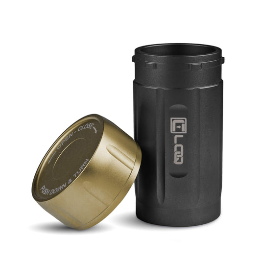 Canniloq TXD120BT Premium Herb Storage Canister, 120 CC, Zytel, Black Body, Tan Cap - Corloq