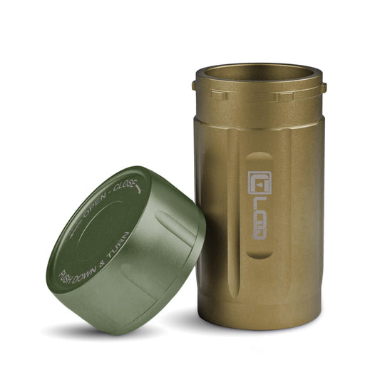 Canniloq TXD120T Premium Herb Storage Canister, 120 CC, Zytel, Tan Body, Green Cap - Corloq